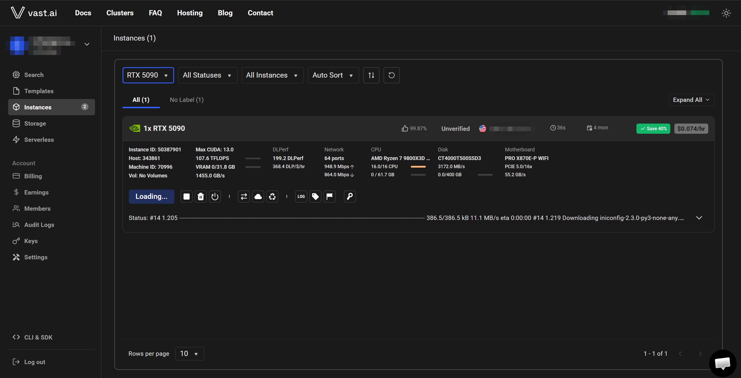 Provider panel for NVIDIA GeForce RTX 5090, instance 50387901